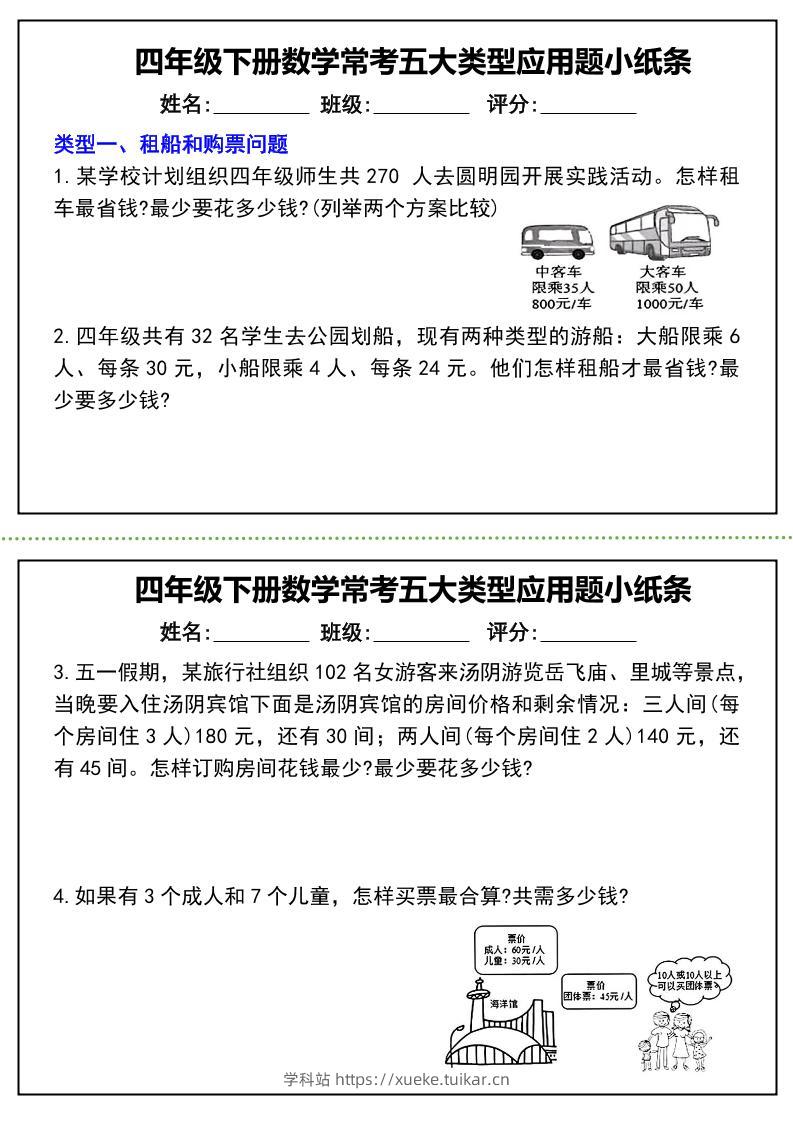 四下数学常考五大类型应用题小纸条-（通用版）-学科站