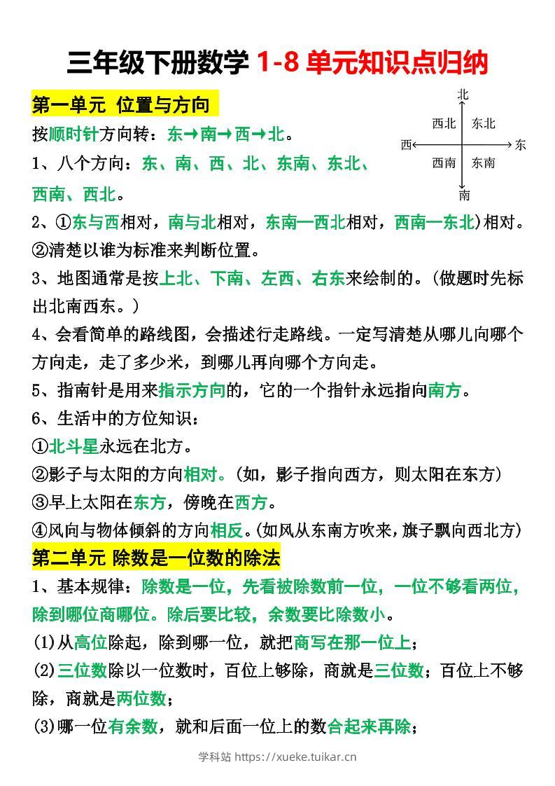 三年级下册数学1-8单元知识点归纳(改)-学科站