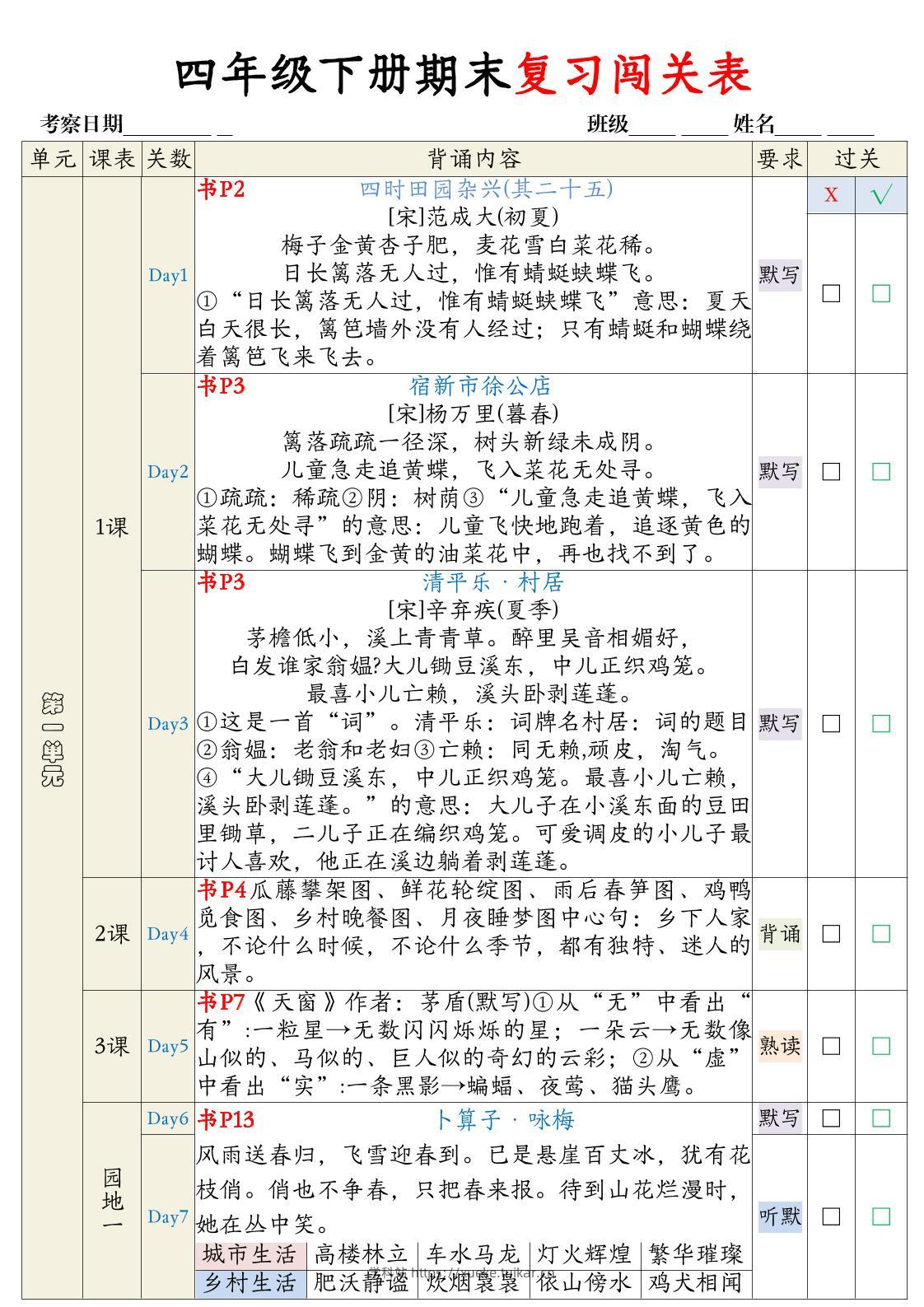 【期末复习背诵闯关表】四下语文-学科站