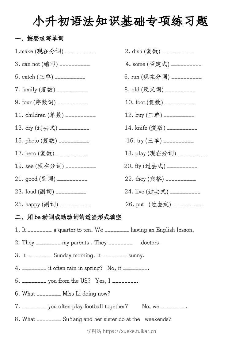 《小升初语法知识基础专项练习题》教科版-学科站