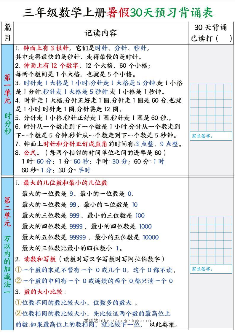 三年级数学上册暑假30天预习背诵表-学科站