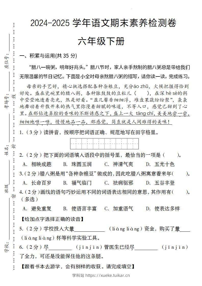 24-25学年语文期末素养检测卷六年级下册-学科站