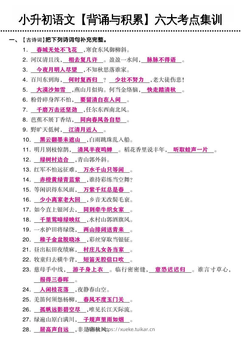 小升初语文【背诵与积累】六大考点集训-学科站