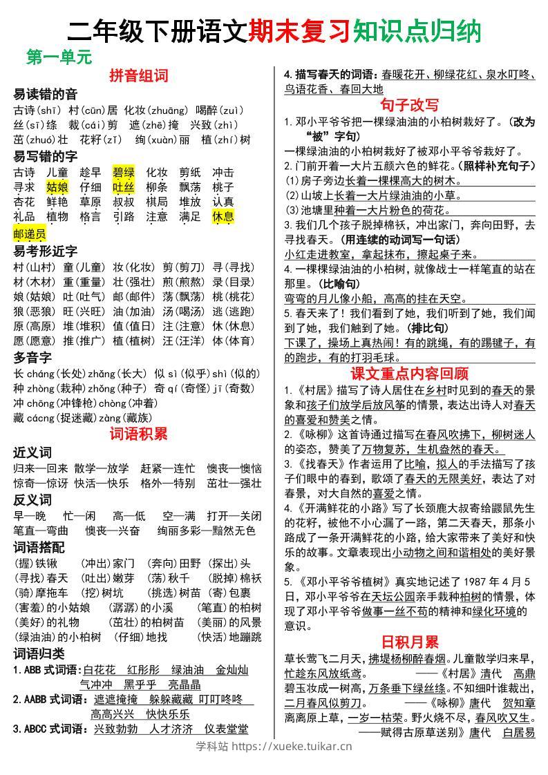 二下语文期末复习知识点归纳（8页）-学科站