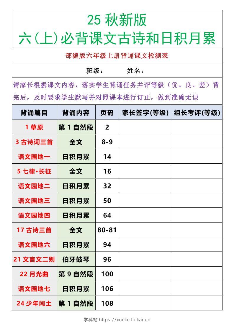 【2025秋新版】六年级语文上册必背课文内容古诗和日积月累-学科站