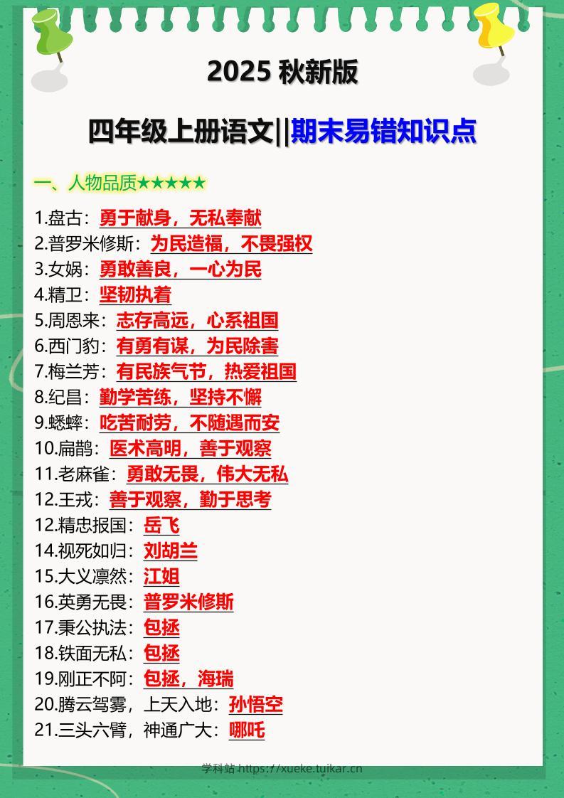 【2025秋新版】四年级上册语文‖期末易错知识点-学科站