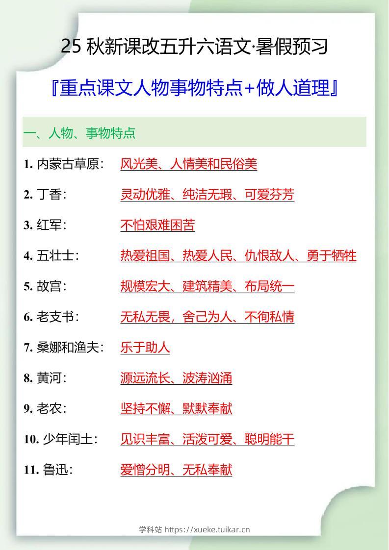 【2025秋新版】五升六重点课文人物事物特点+做人道理-六上语文-学科站