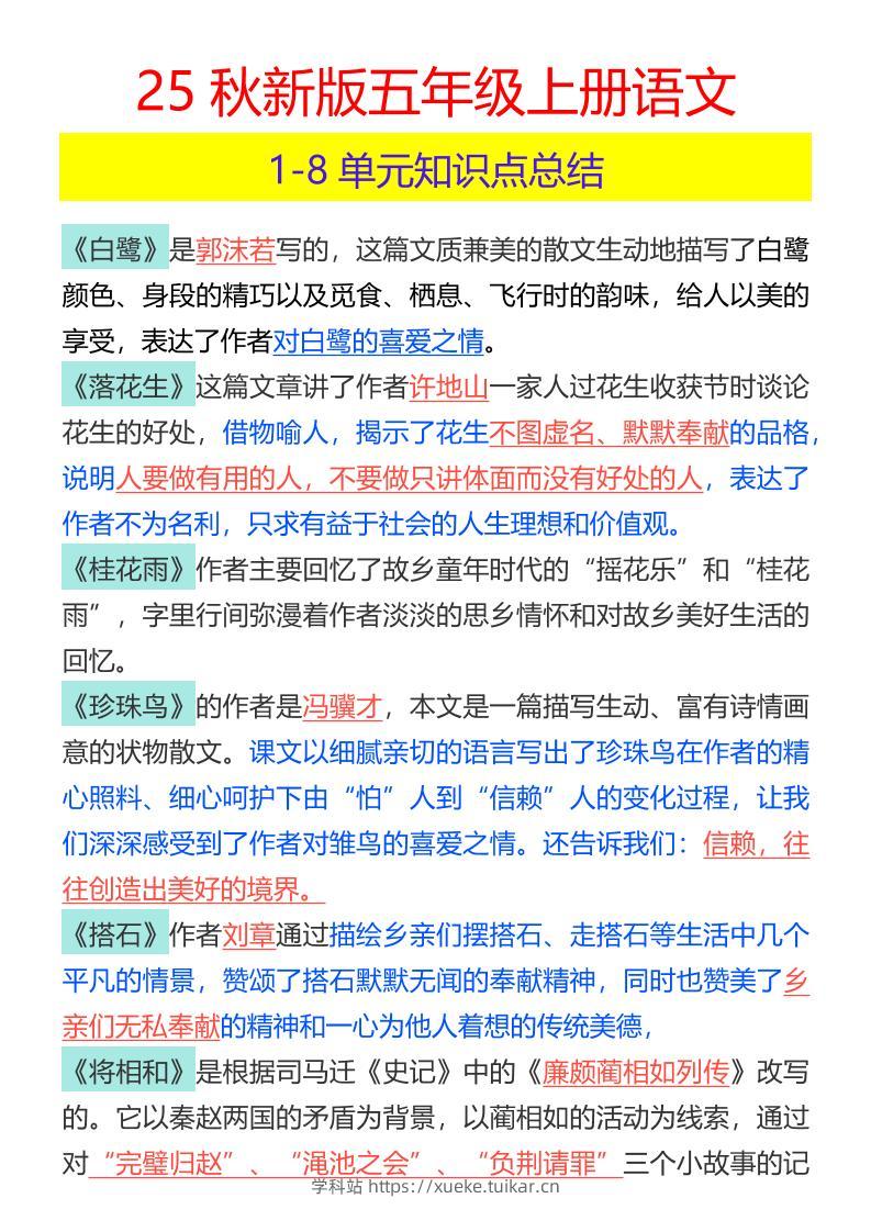 【2025秋新版】五年级上册语文1-8单元知识点总结-学科站