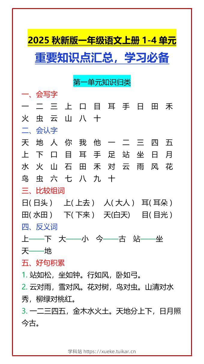【2025秋新版】一年级语文上册1-4单元重要知识点汇总，学习必备-学科站