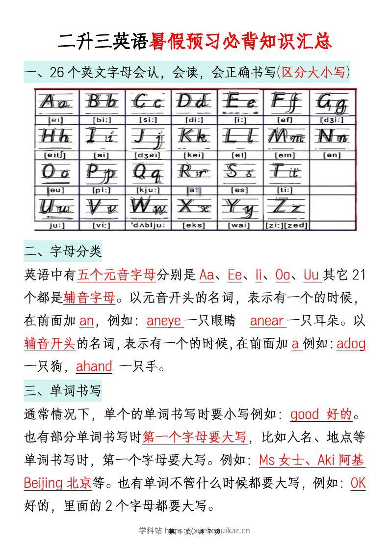 二升三英语暑假预习必背知识汇总通用版7页三上-学科站