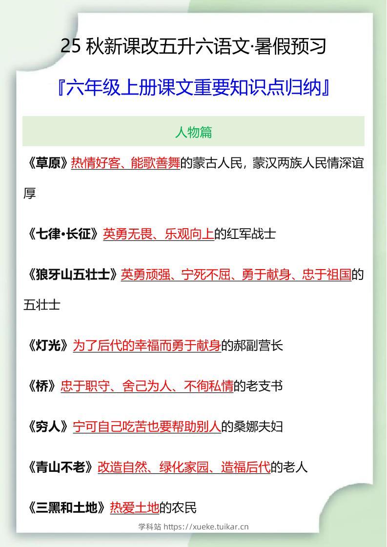 【2025秋新版】六年级语文上册课文重要知识点归纳-学科站