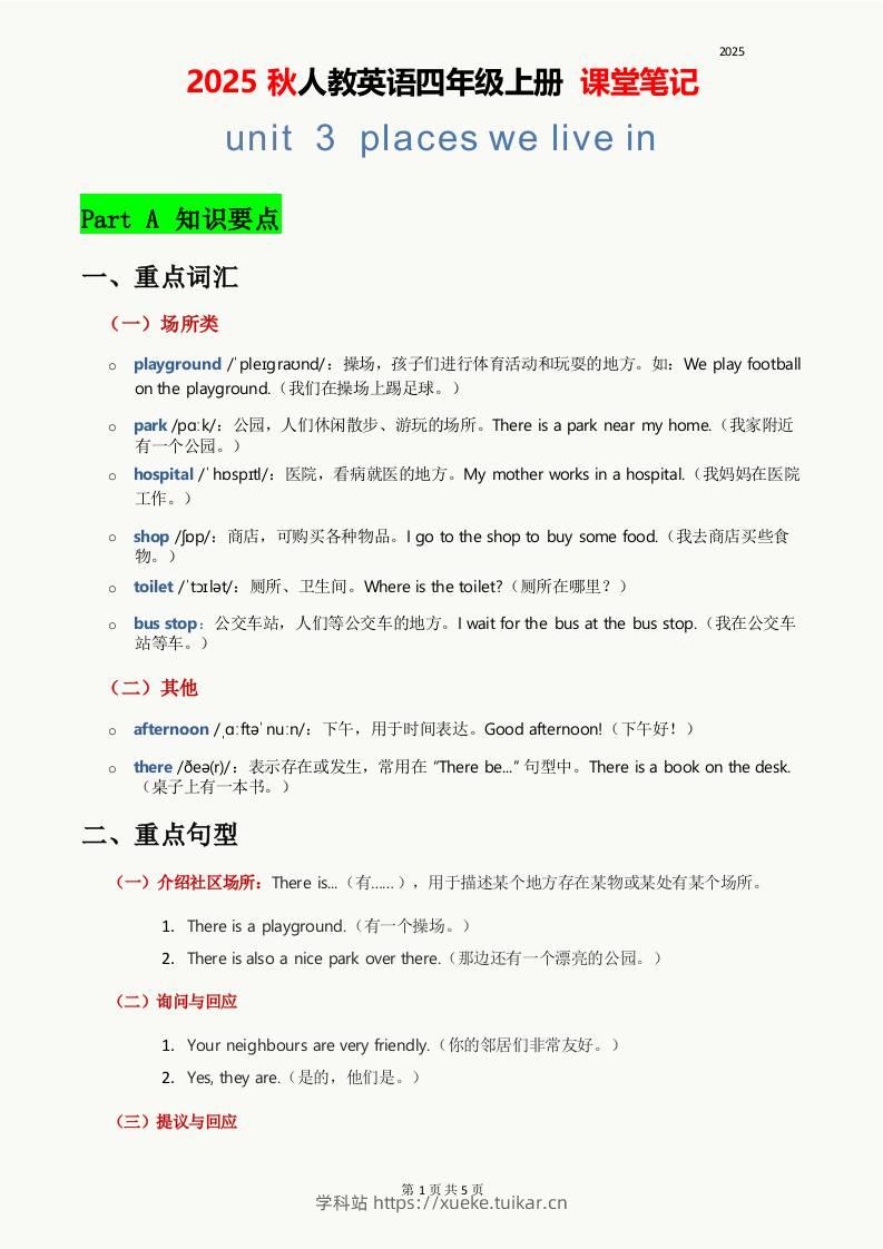 2025秋人教英语四上课堂笔记Unit03-学科站