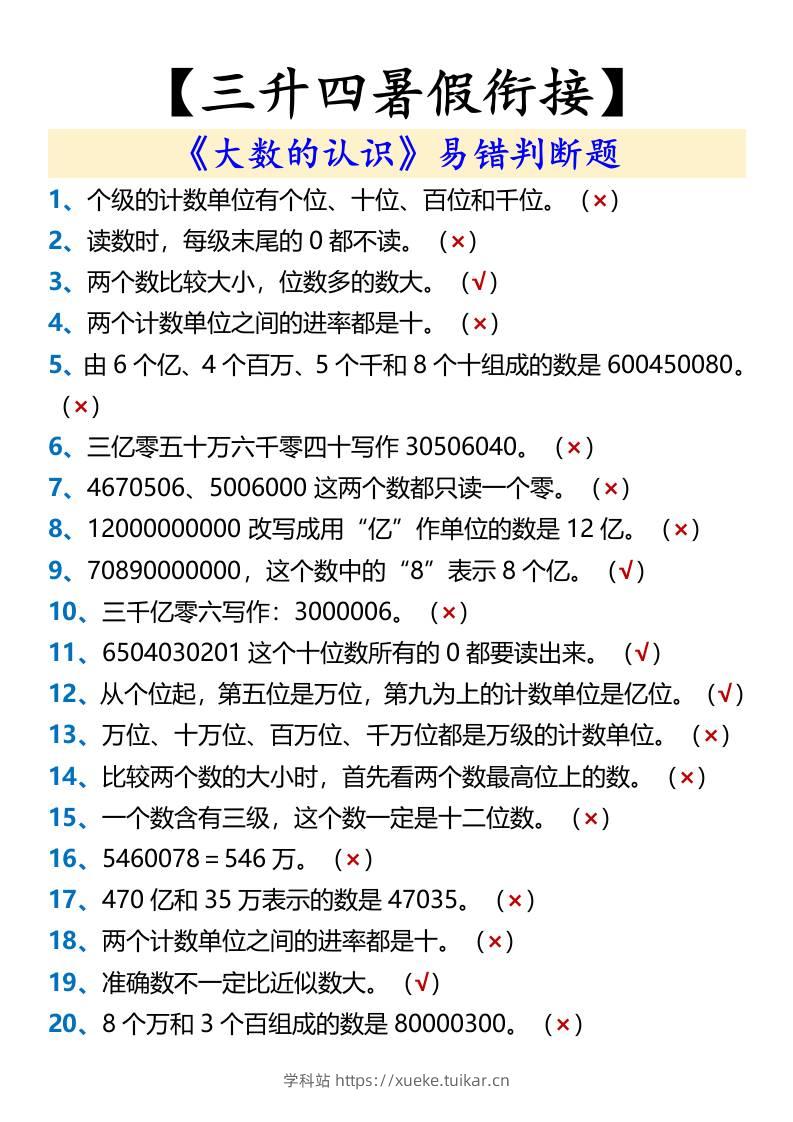【三升四暑假衔接】《大数的认识》易错判断题-四上数学-学科站