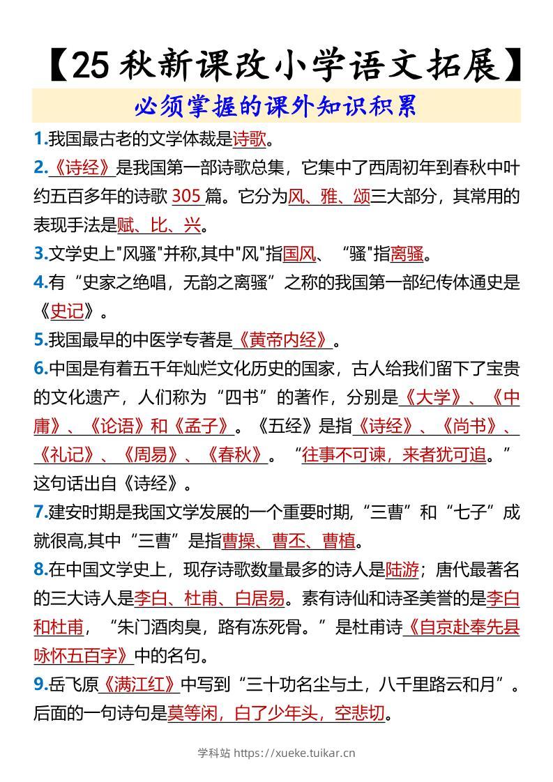 【2025秋新版】【小学语文拓展】必须掌握的课外知识积累-六上语文-学科站