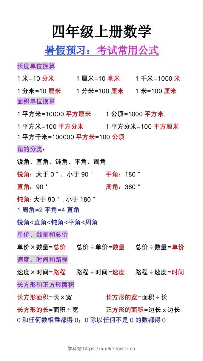 三升四年级数学暑假必背常考公式大全-四上数学-学科站