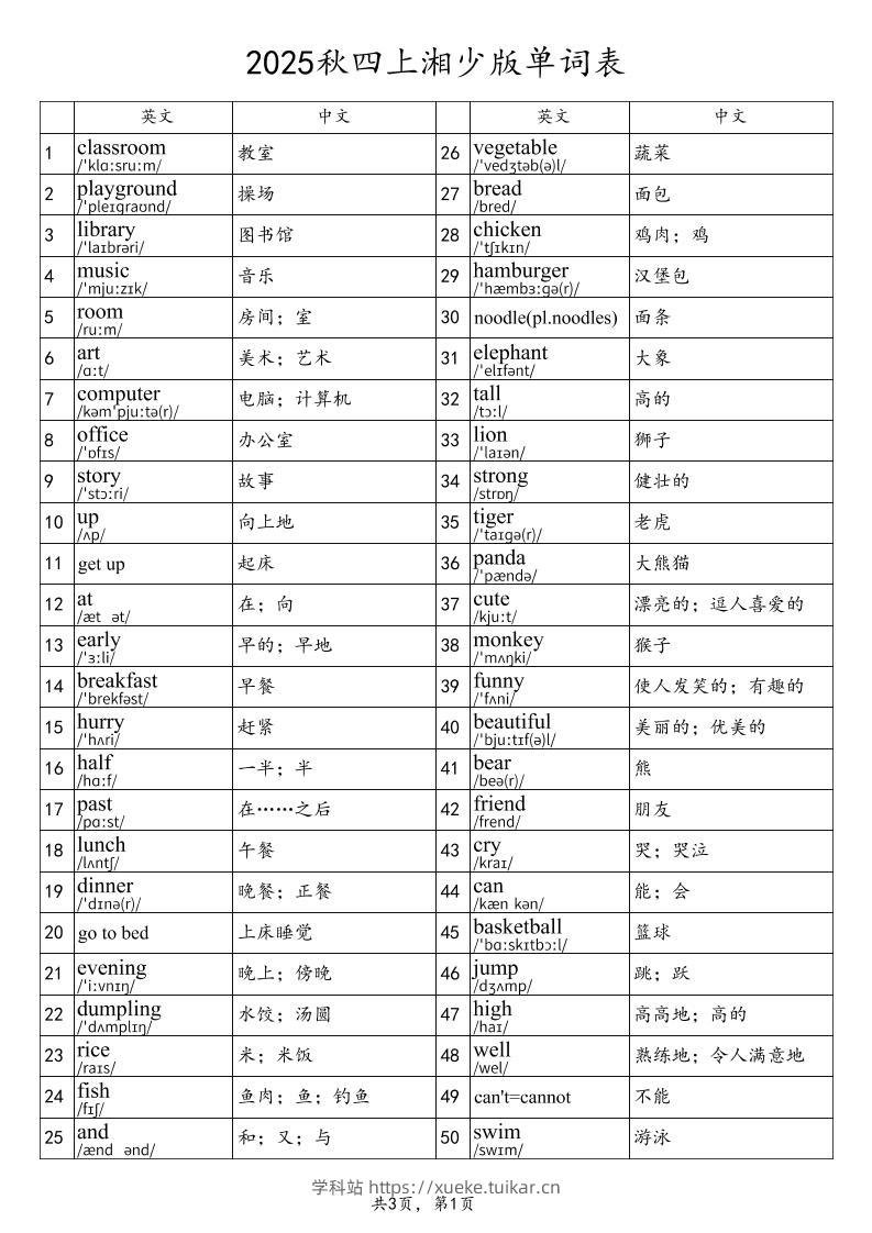 2025秋四上英语湘少版单词表-学科站