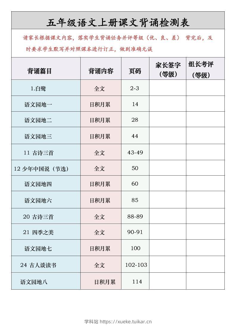 五年级语文上册课文背诵检测表-学科站