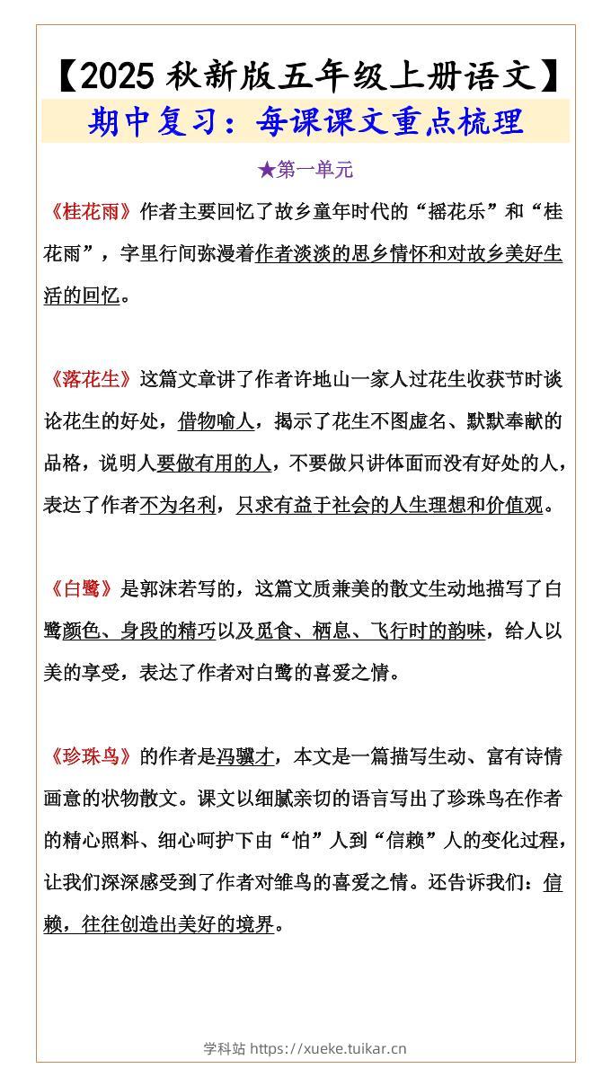 【2025秋新版】【五年级上册语文】期中复习:每课课文重点梳理-学科站