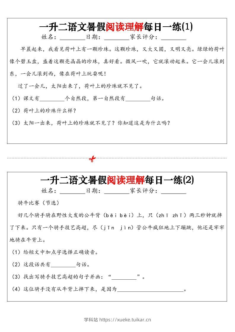 一升二语文暑假阅读理解每日一练32天（16页）-二上语文-学科站