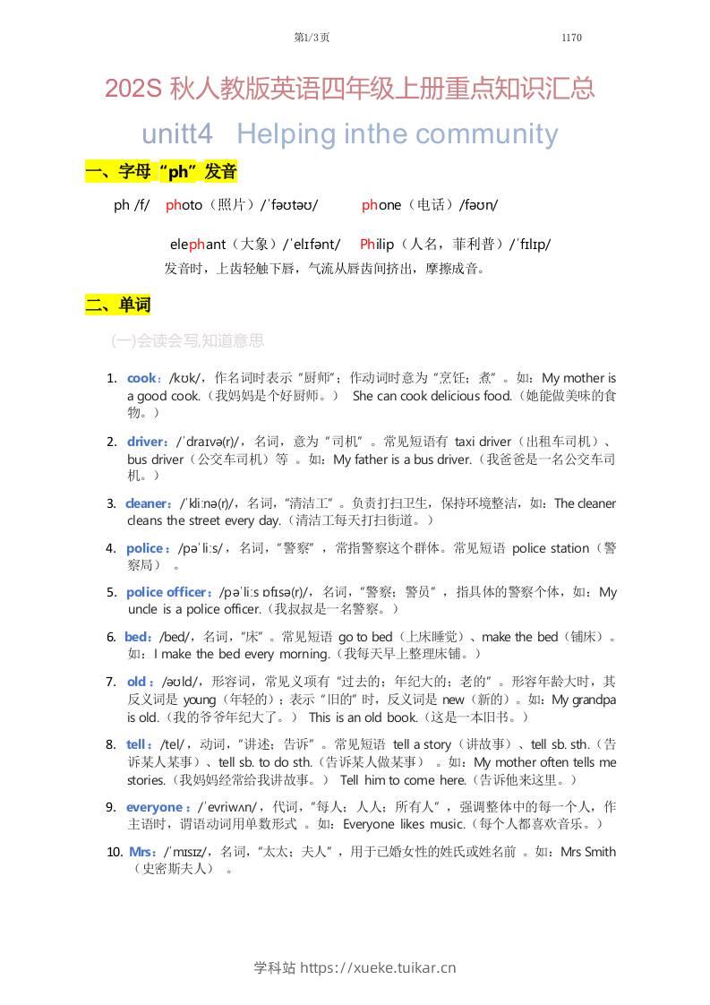 2025秋人教版英语四上Unit4重点知识汇总-学科站