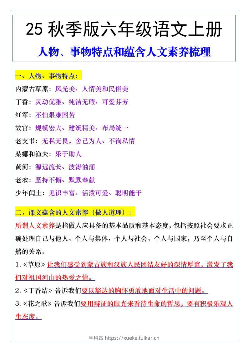 【2025秋新版】六年级语文上册人物、事物特点和蕴含人文素养梳理-学科站
