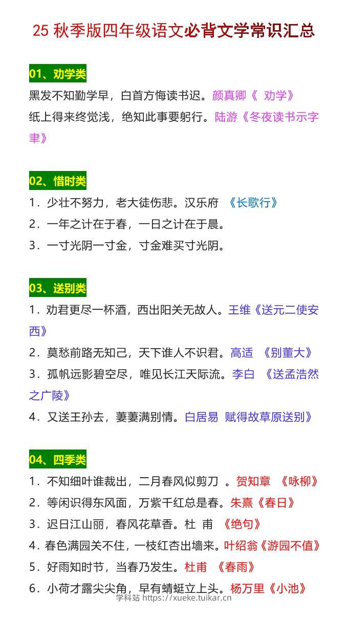 【2025秋新版】四年级语文上册必背文学常识汇总-学科站