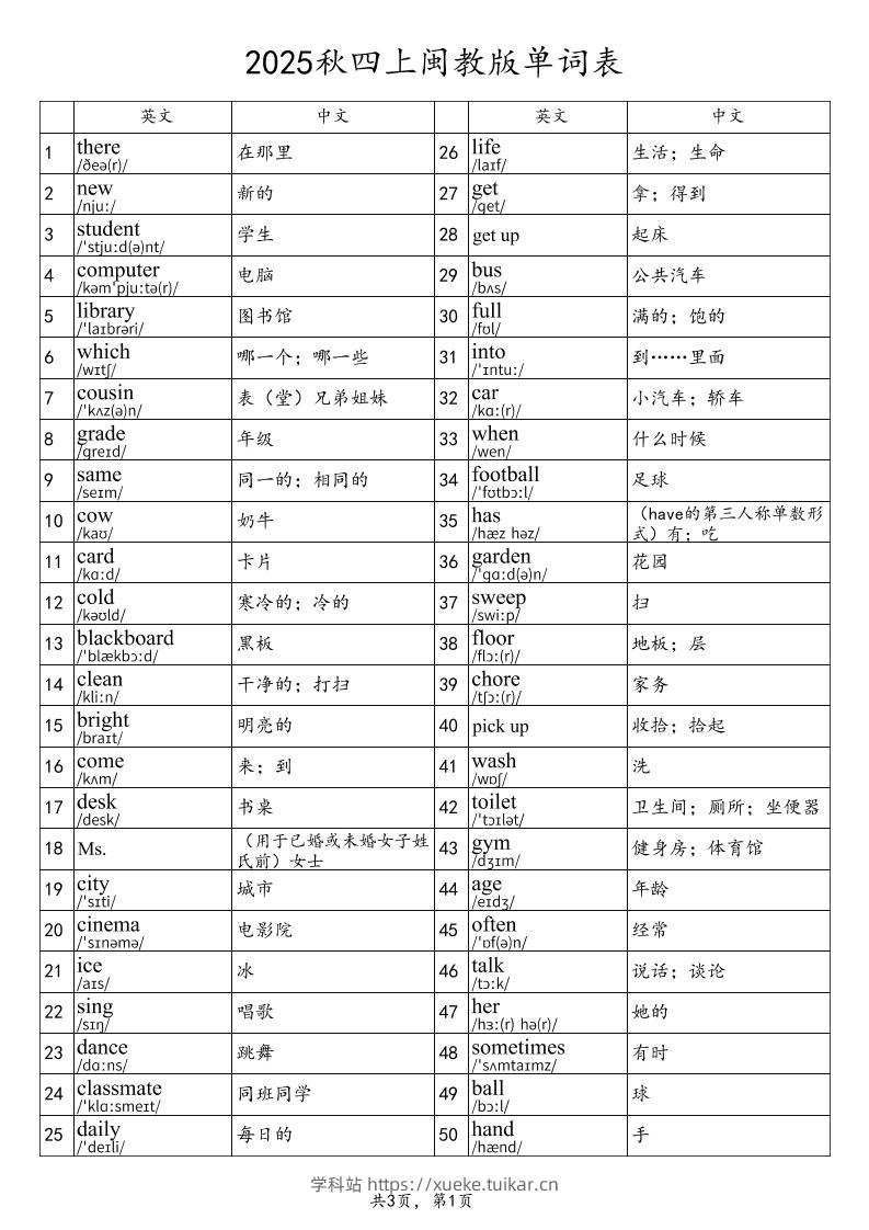 2025秋四上英语闽教版单词表-学科站