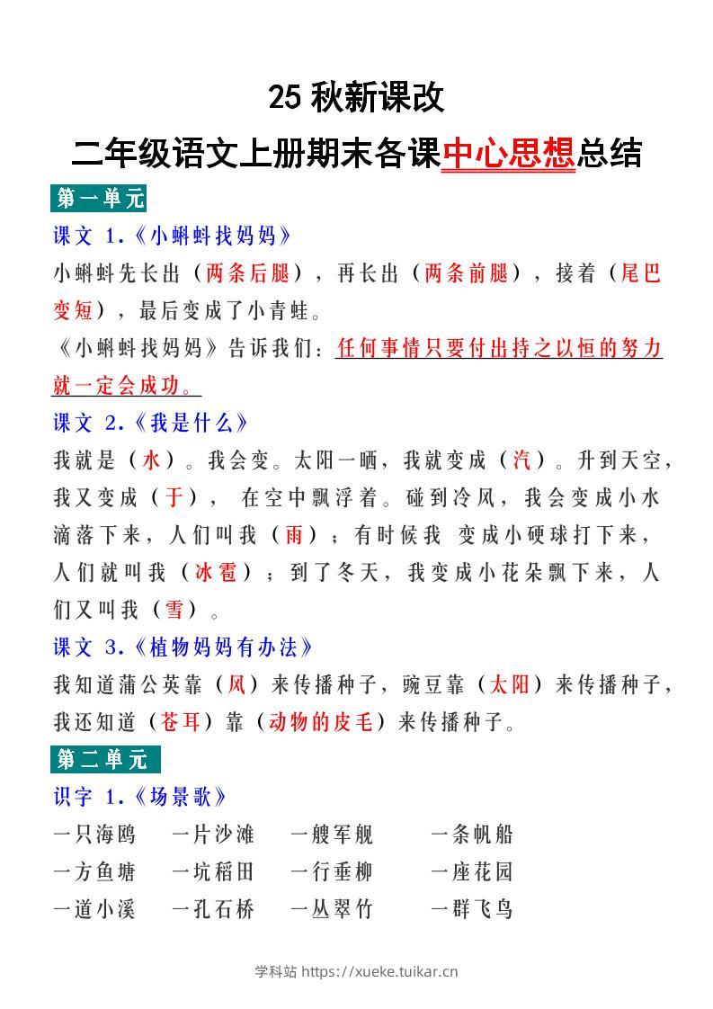 【2025秋新版】二年级语文上册期末各课中心思想总结-学科站