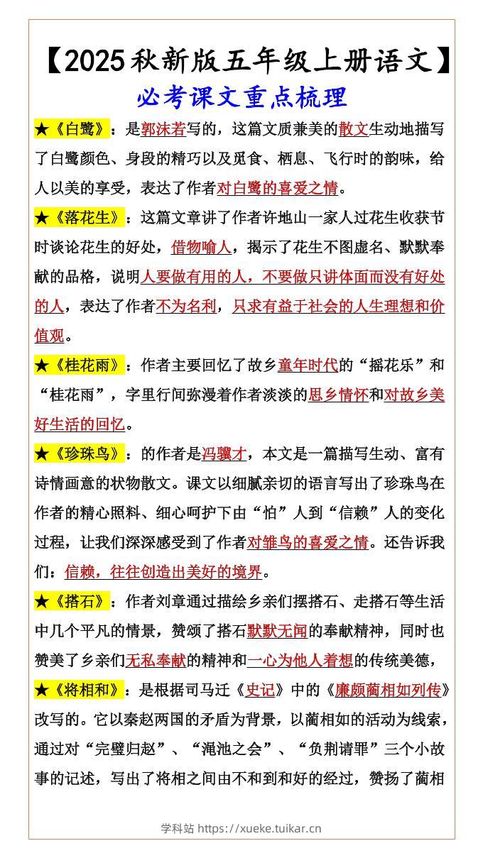 【2025秋新版】【五年级上册语文】必考课文重点梳理-学科站