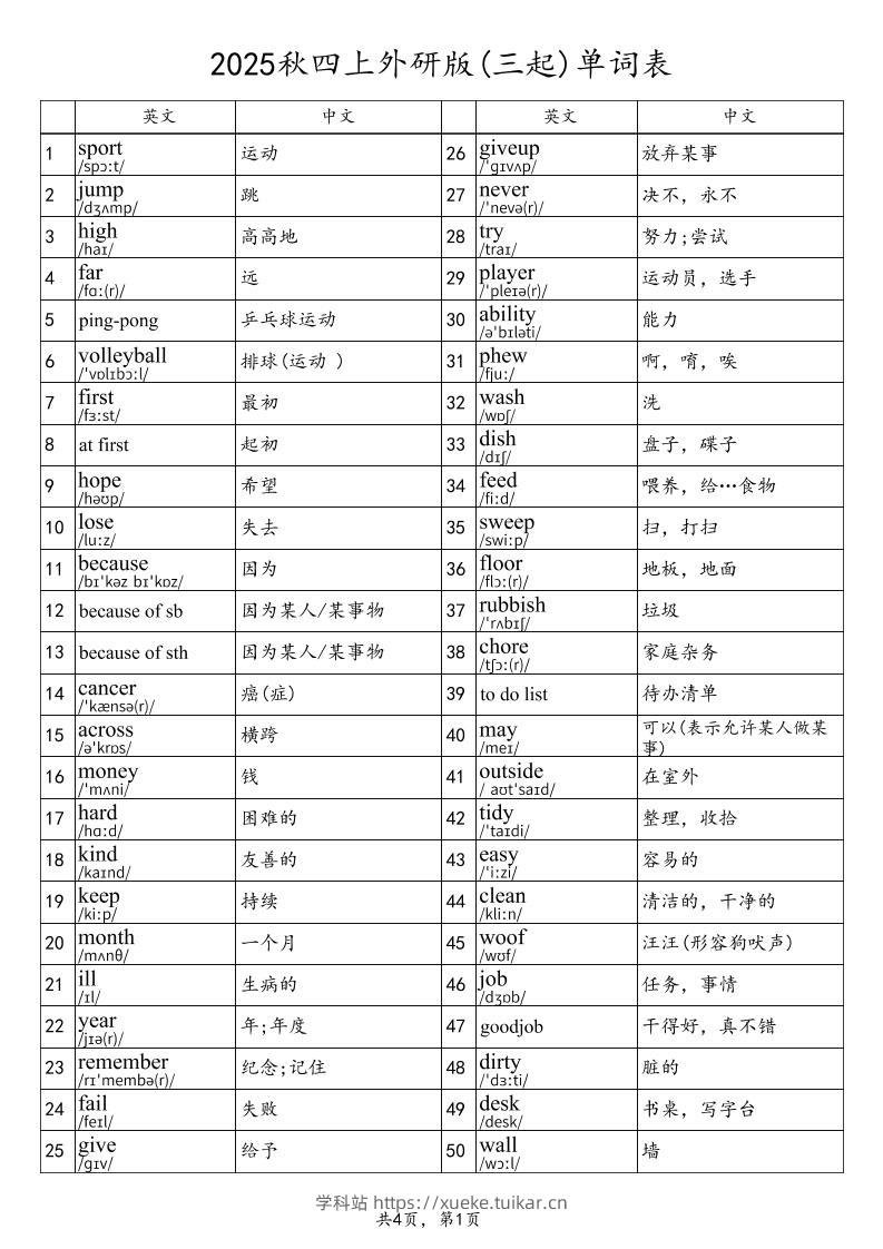 2025秋四上英语外研版(三起)单词表-学科站