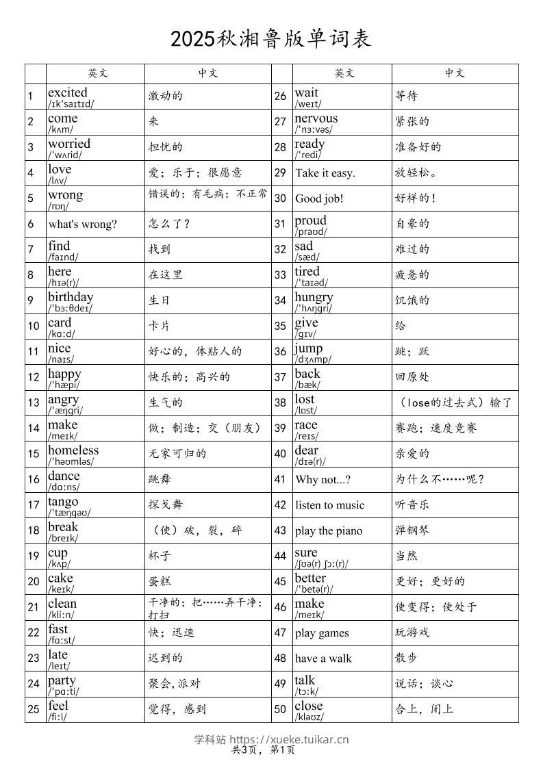 2025秋四上英语湘鲁版单词表-学科站