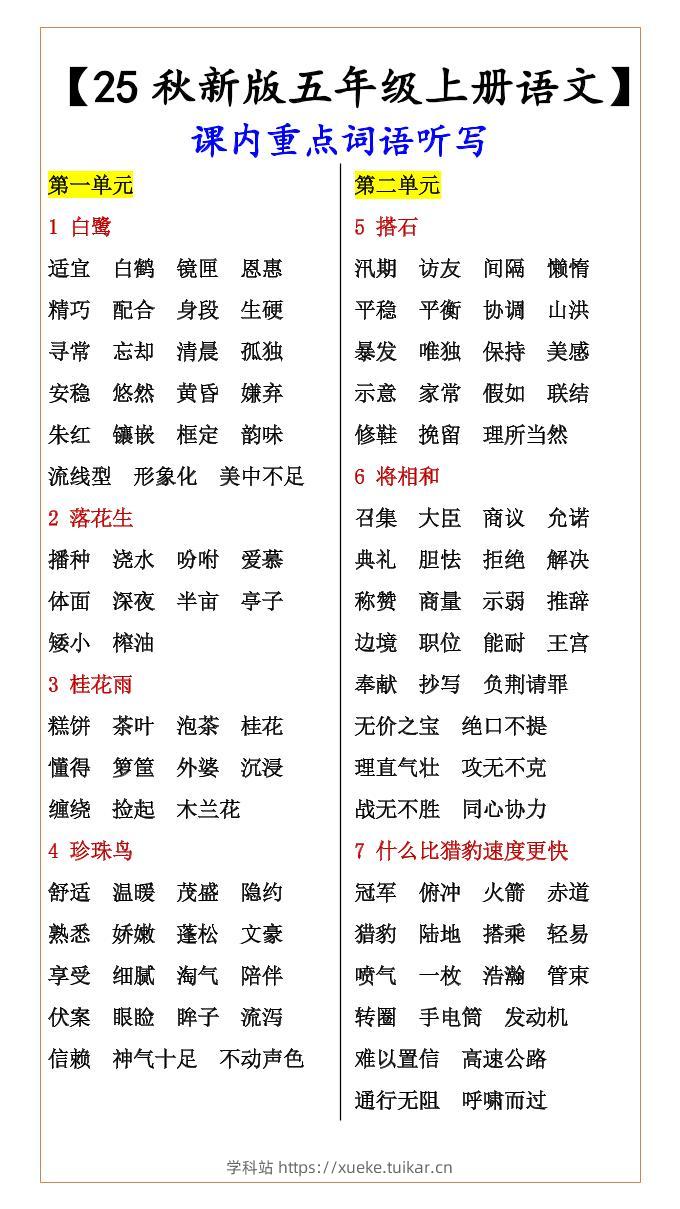 【2025秋新版】【五年级上册语文】课内重点词语听写-学科站