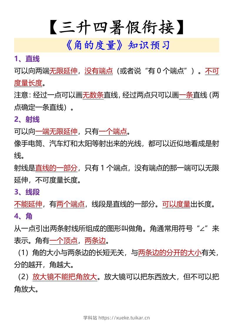 【三升四暑假衔接】《角的度量》知识预习-四上数学-学科站