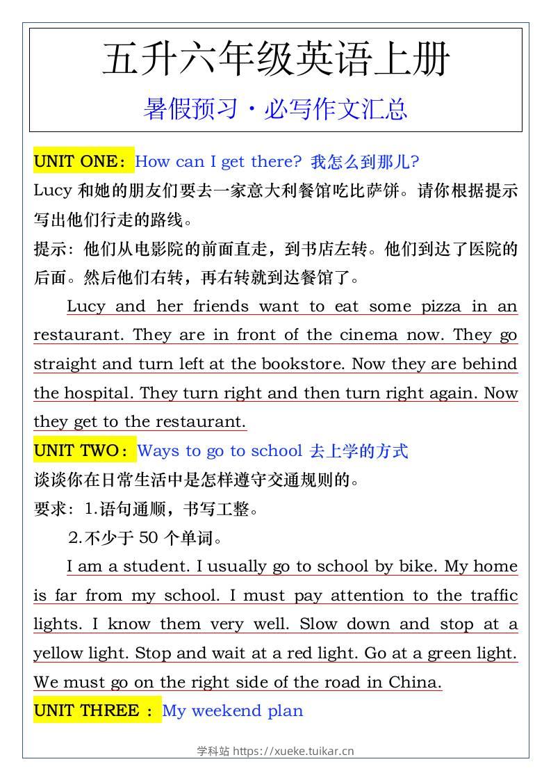 五升六年级英语上册暑假预习·必写作文汇总-六上英语-学科站