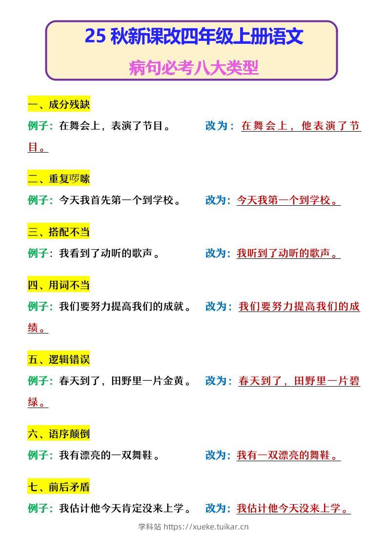 【2025秋新版】四年级上册语文病句必考八大类型-学科站
