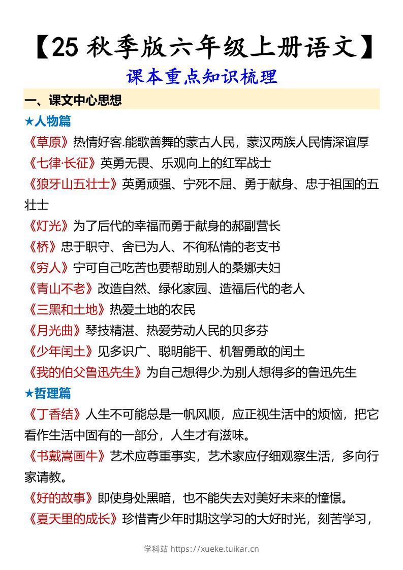 【2025秋新版】【六年级上册语文】课本重点知识梳理-学科站