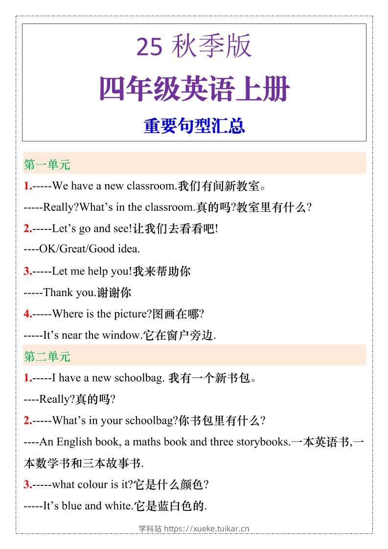 【2025秋新版】四年级英语上册重要句型汇总-学科站
