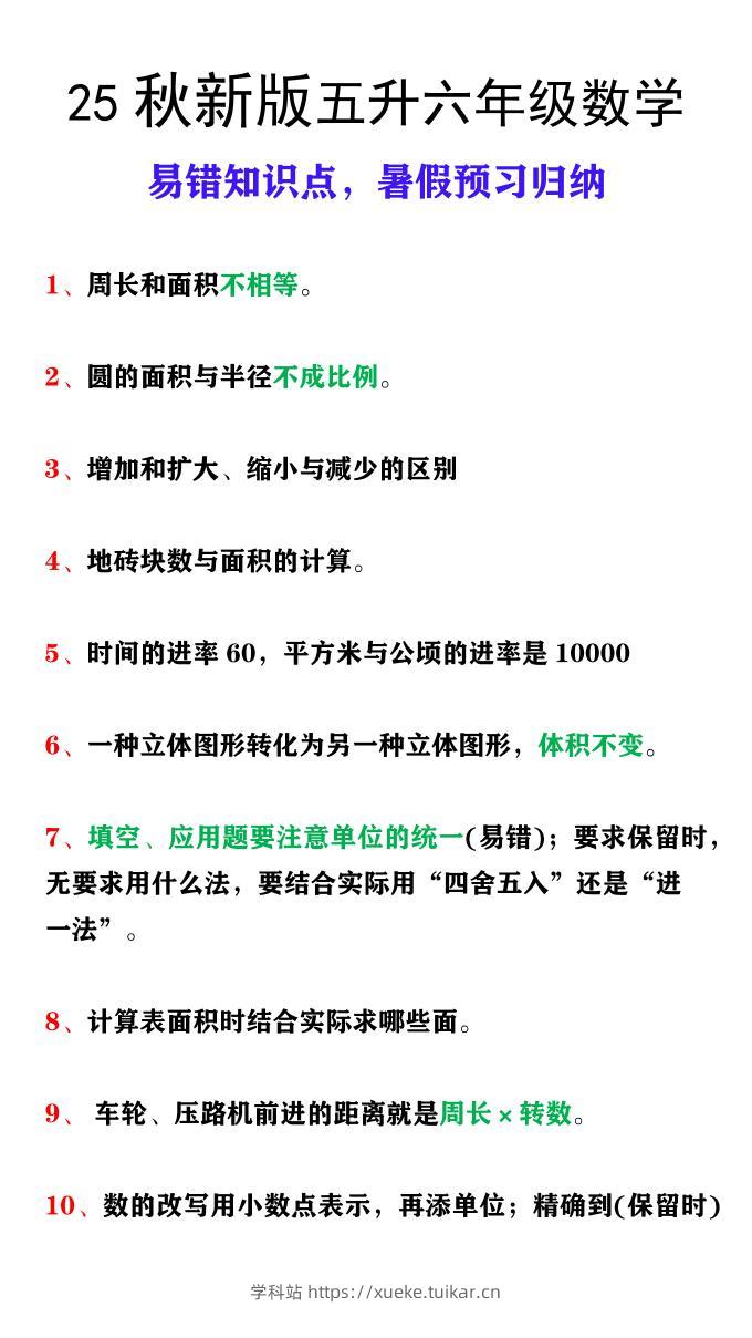 【2025秋新版】五升六年级上册数学易错知识点，暑假预习归纳-学科站