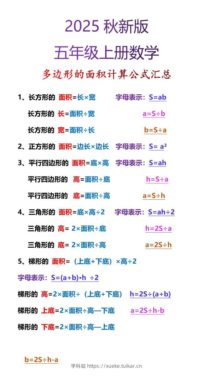 【2025秋新版】五年级上册数学多边形的面积计算公式汇总-学科站