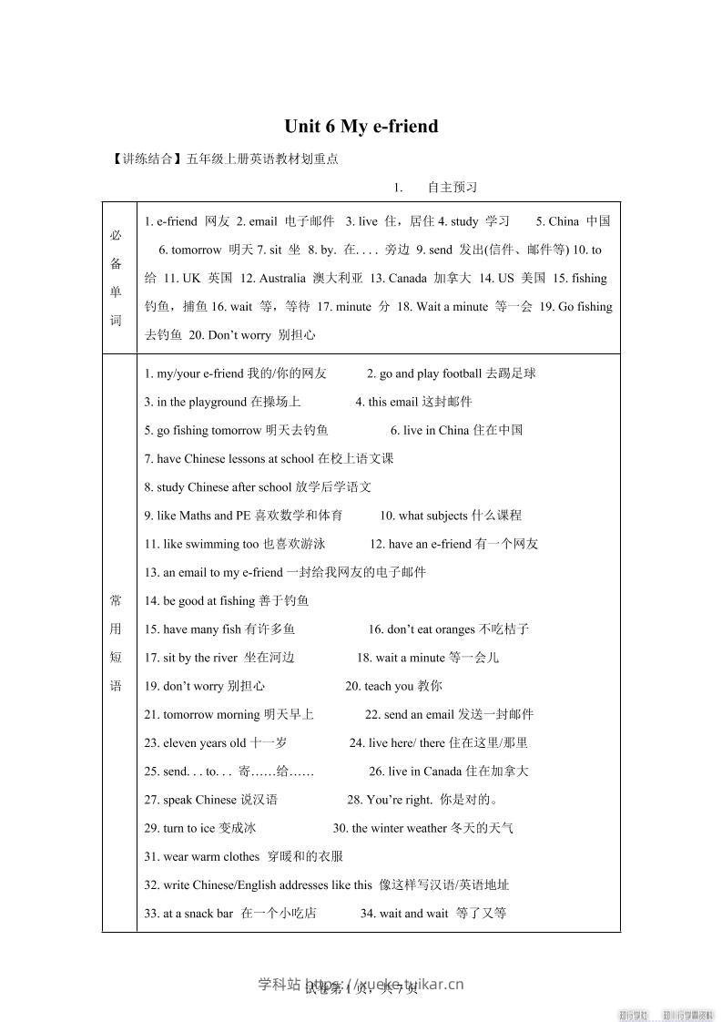 【单元热点难点】译林版(三起)英语五年级上册Unit6Mye-friend教材划重点-学科站