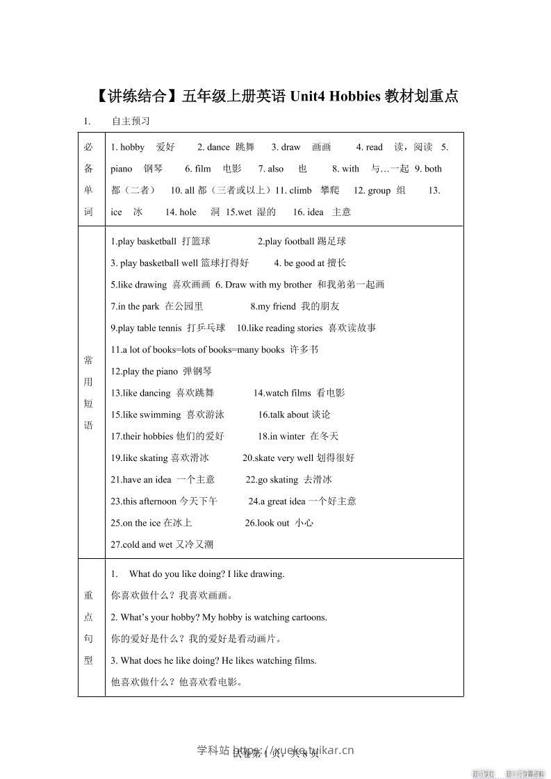 【单元热点难点】译林版(三起)英语五年级上册Unit4Hobbies教材划重点-学科站