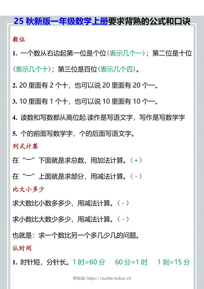 【2025秋新版】一年级数学上册要求背熟的公式和口诀-学科站