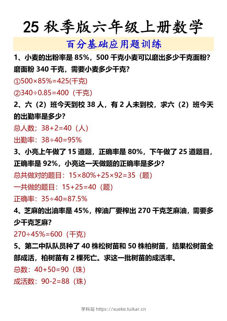 【2025秋新版】六年级上册数学百分基础应用题训练-学科站