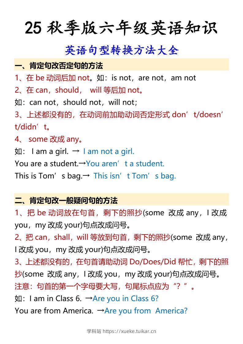 【2025秋新版】六年级上册英语英语句型转换方法大全-学科站