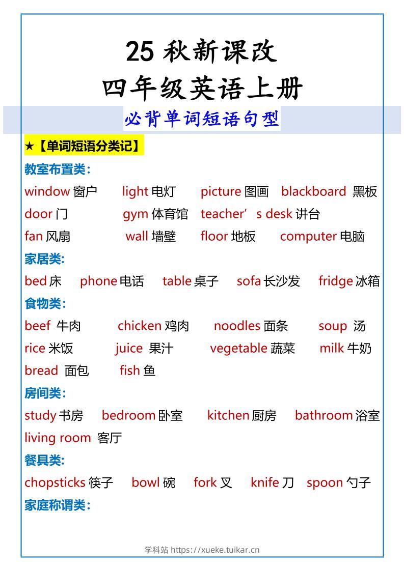 【2025秋新版】四年级英语上册必背单词短语句型-学科站