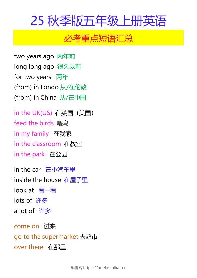 【2025秋新版】五年级上册英语必考重点短语汇总-学科站