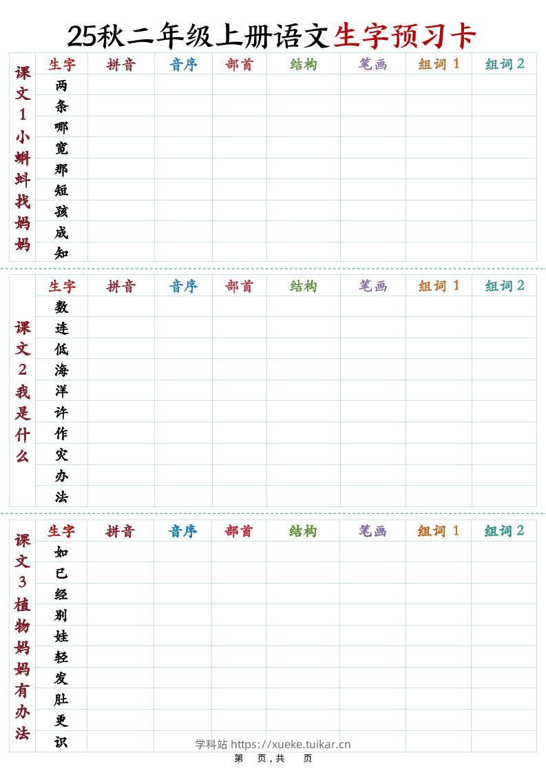 25秋新二上语文生字预习卡(11页)-学科站