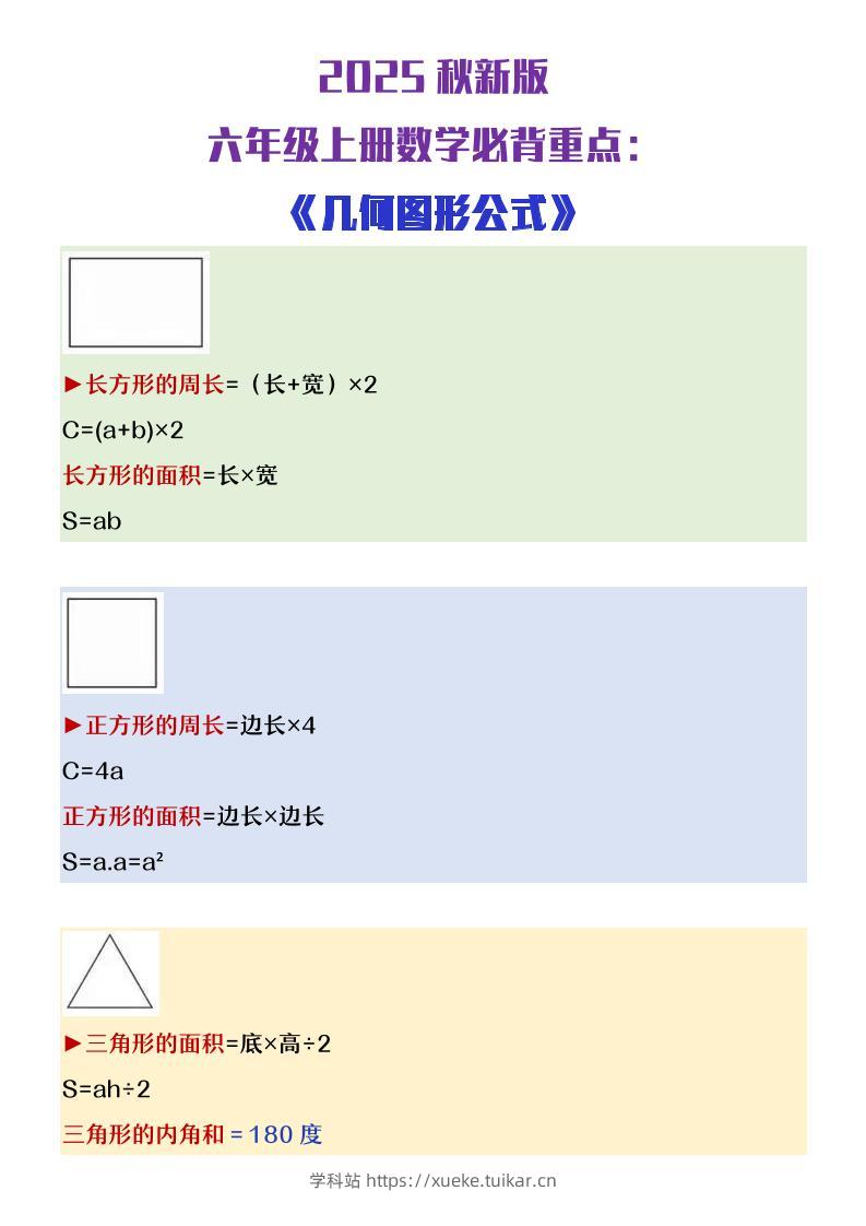【2025秋新版】六年级上册数学必背几何图形公式大全-学科站