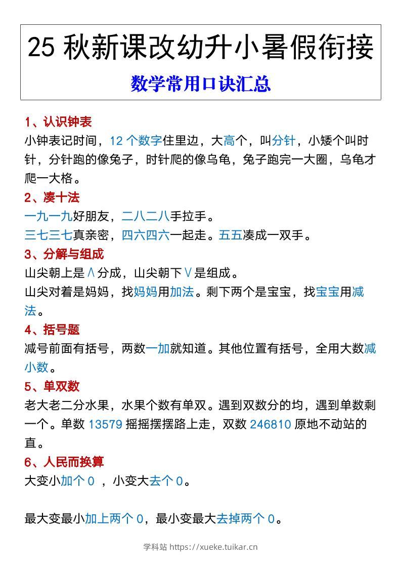 【2025秋新版】幼升小暑假衔接数学常用口诀汇总-一上数学-学科站