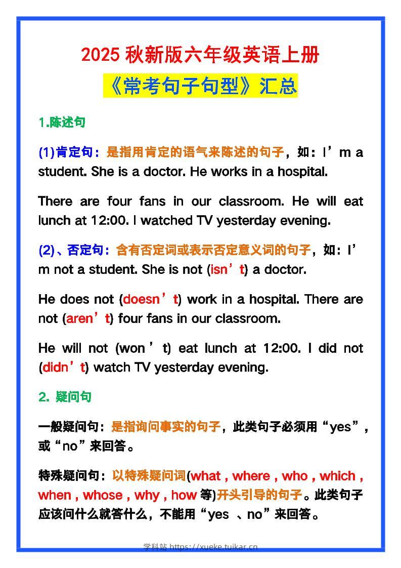【2025秋新版】六年级英语上册《常考句子句型》汇总,学习巩固必备!-学科站